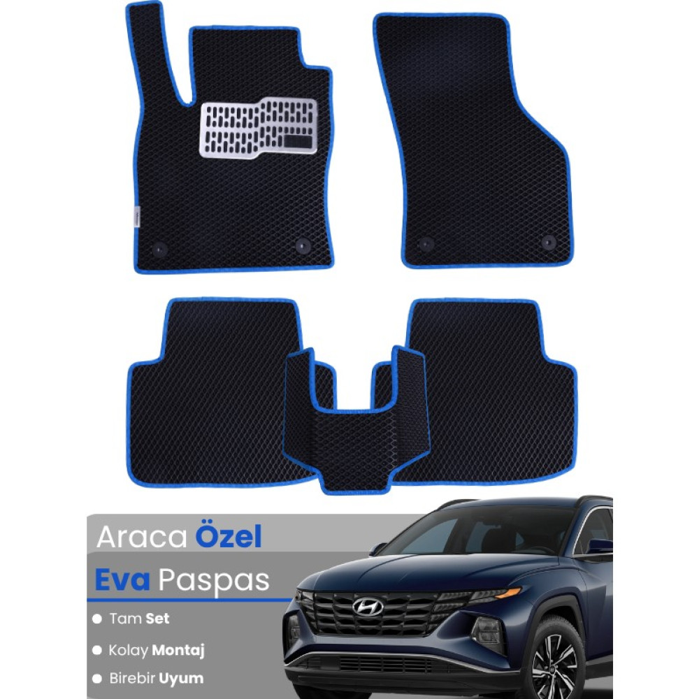 Guerrino Hyundai Tucson (2020-2025) Uyumlu Eva Paspas Tam Set – Birebir Uyum,araca Özel Tasarım,kolay Montaj - Siyah - Mavi Oto Paspas Fiyatı