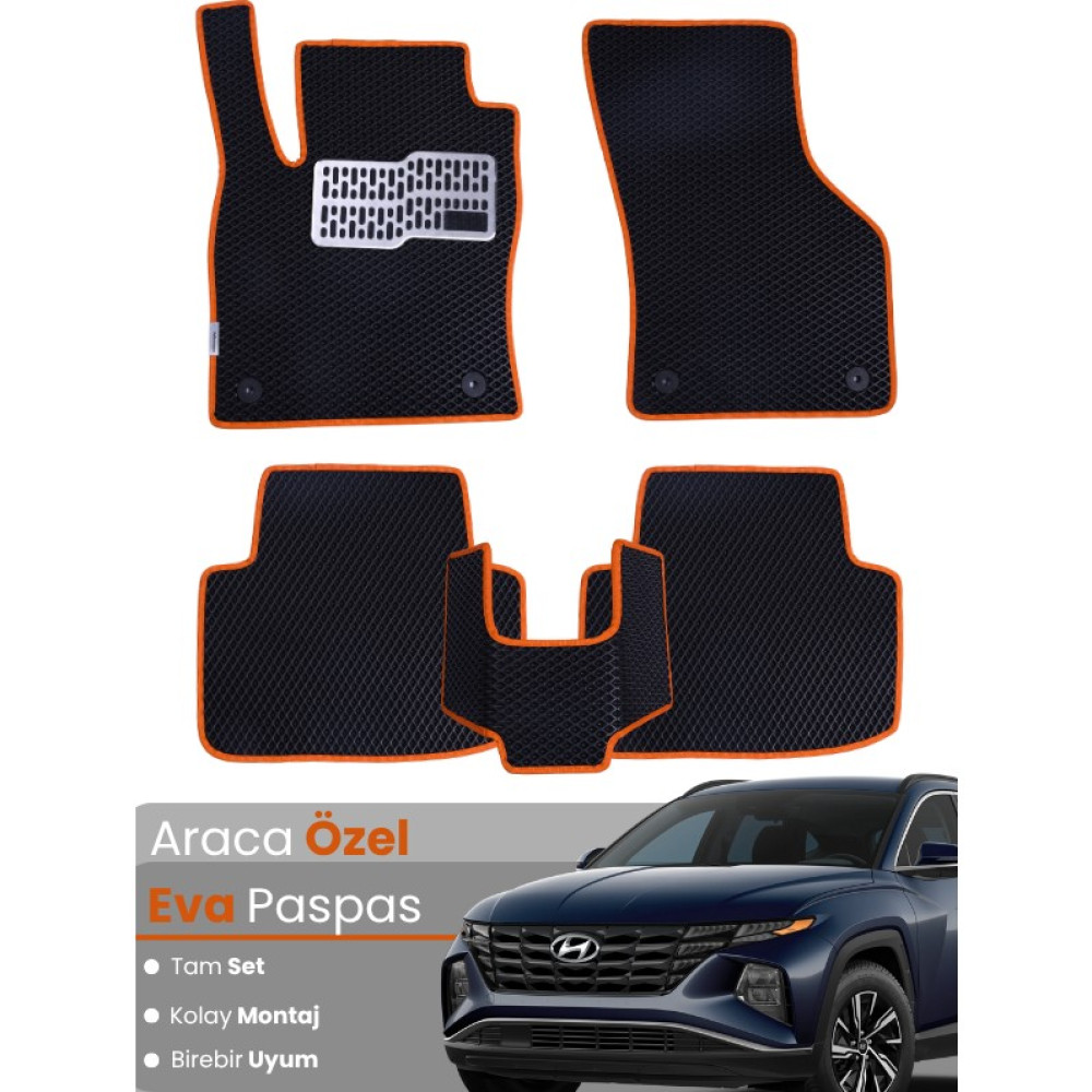Guerrino Hyundai Tucson (2020-2025) Uyumlu Eva Paspas Tam Set – Birebir Uyum,araca Özel Tasarım,kolay Montaj - Siyah - Turuncu Oto Paspas Fiyatı