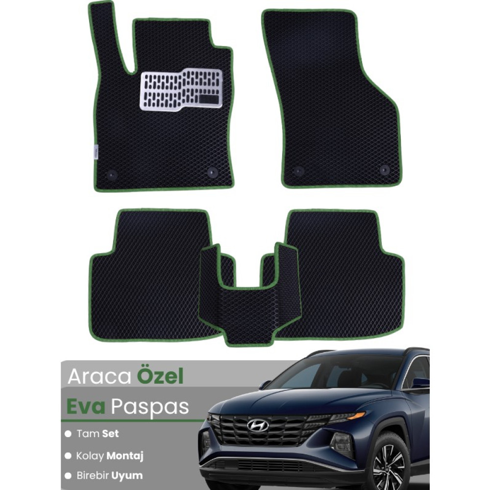 Guerrino Hyundai Tucson (2020-2025) Uyumlu Eva Paspas Tam Set – Birebir Uyum,araca Özel Tasarım,kolay Montaj - Siyah - Yeşil Oto Paspas Fiyatı