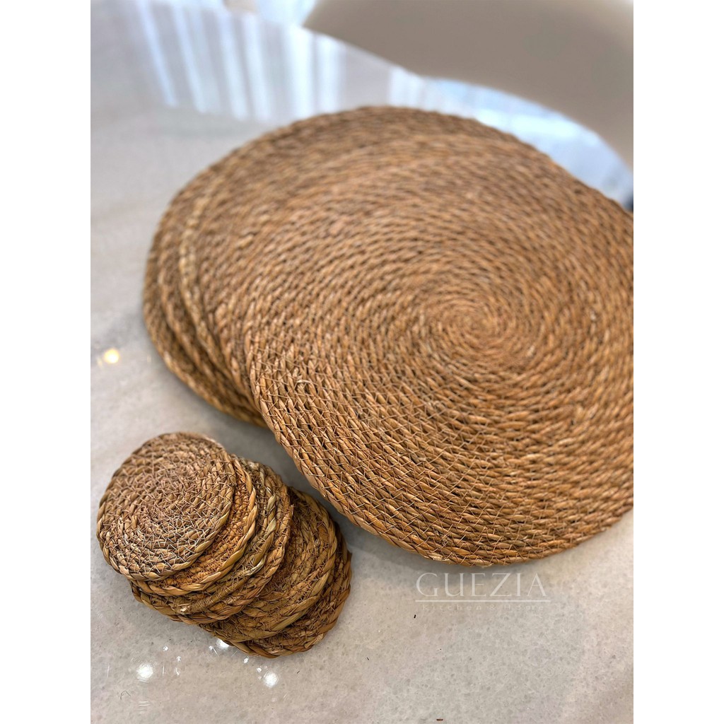 Guezia 6'lı Hasır Supla ve Hasır Bardak Altlığı Seti | Örgü Amerikan Servis | Hasır Bardak Altlık - 35 x 35 cm - Bej Fincan / Bardak / Kahve Takımı Fiyatı