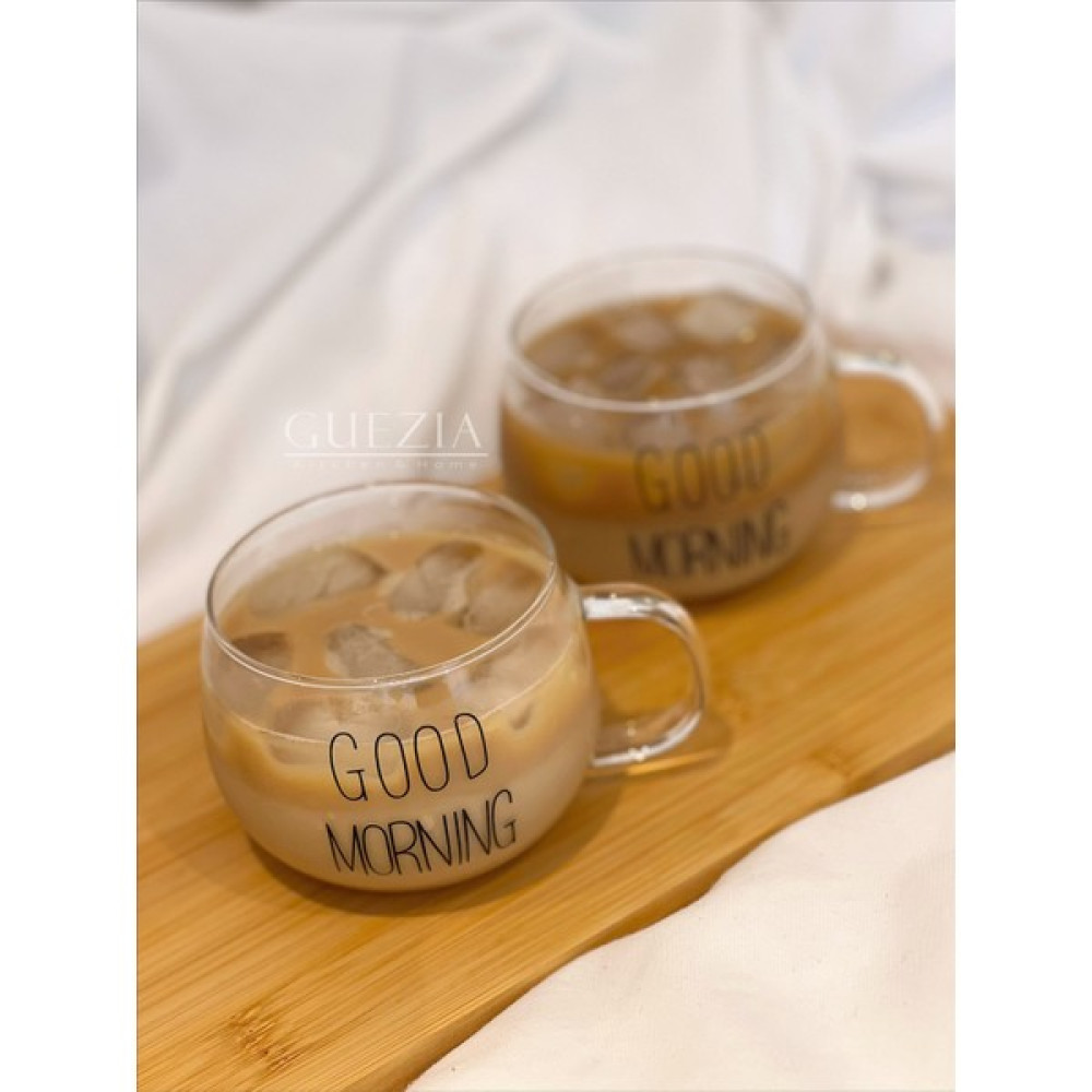 Guezia Isıya Dayanıklı Borosilikat Good Morning Kulplu Kupa Cam Bardak 400 ml 2'li - Şeffaf Fincan / Bardak / Kahve Takımı Fiyatı