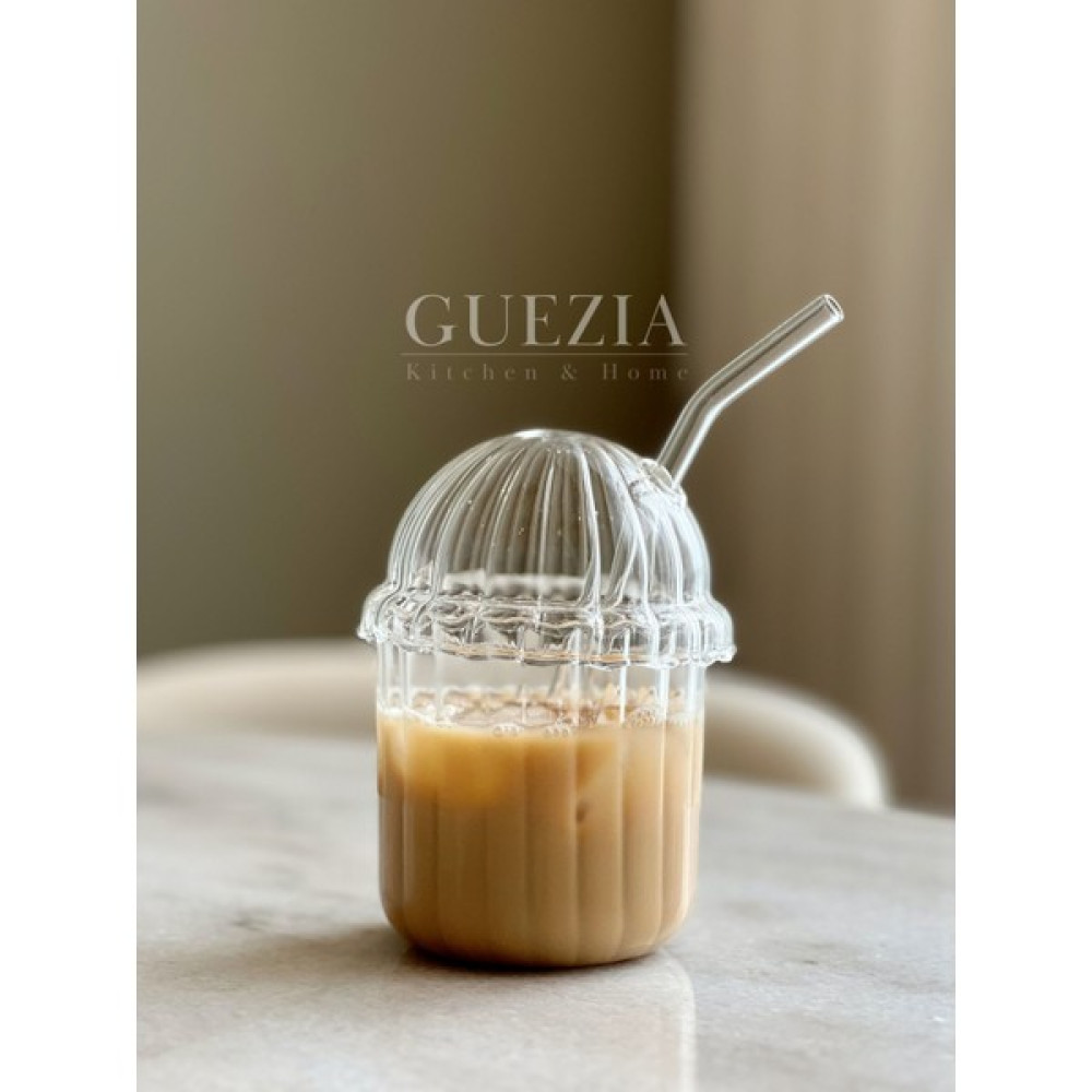 Guezia Kapaklı Pipetli Cam Bardak | Kapaklı Çizgili Bardak | 350 ml - Şeffaf - 1 Adet Fincan / Bardak / Kahve Takımı Fiyatı