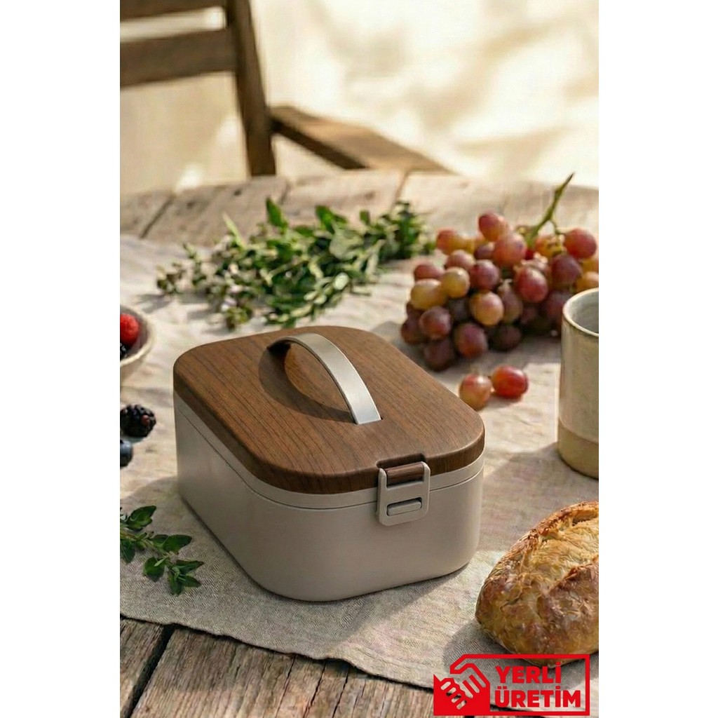 Gugga Lunchee - Çelik Bölmeli Sızdırmaz Ahşap Görünümlü Vakum Kapaklı Yemek Kabı Lunchbox 650 ml - Gri Beslenme Çantası Fiyatı