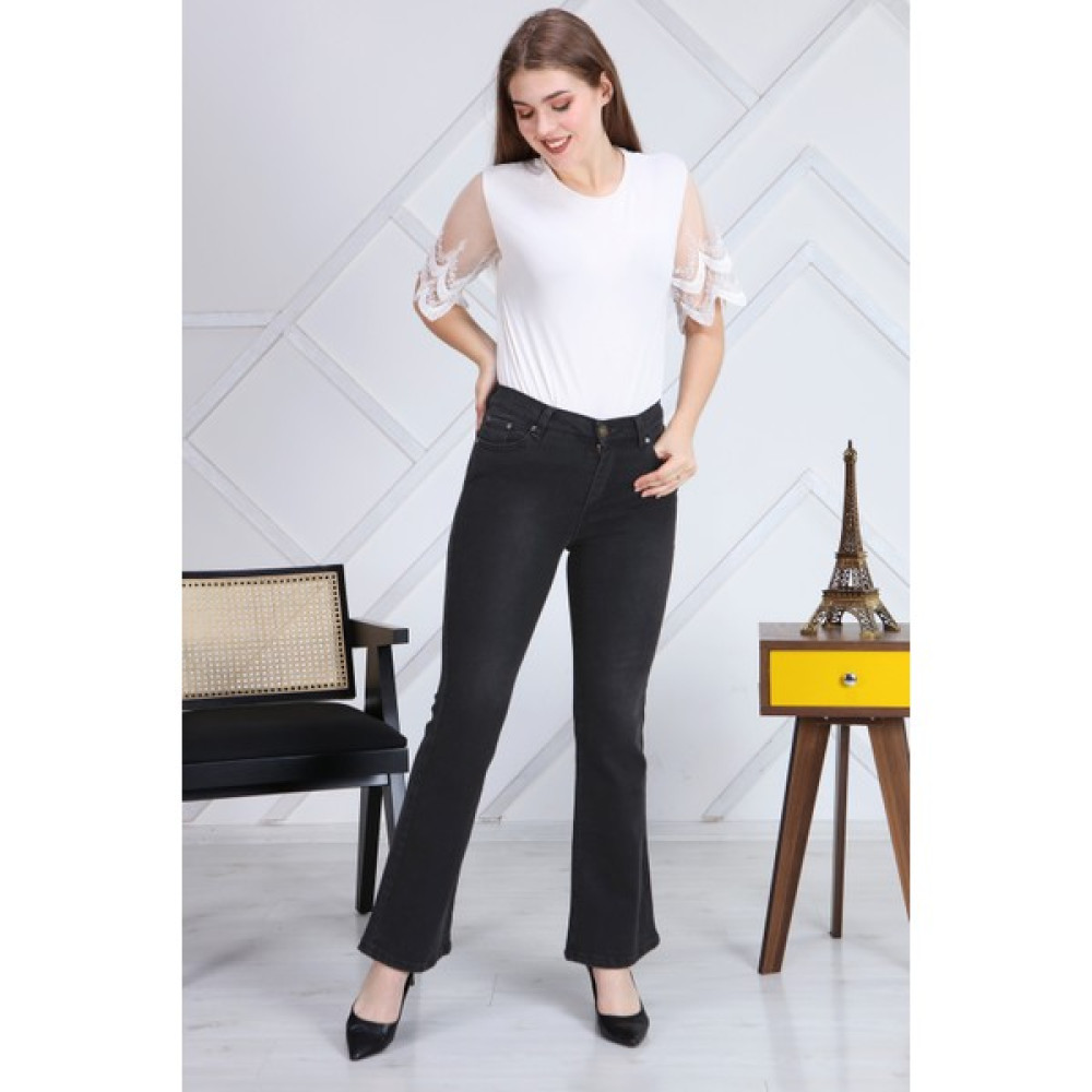 Gül Moda Antrasit Ispanyol Paça Likralı Yüksek Bel Kot Pantolon Jeans Bayan Jeans / Kot Pantolon Fiyatı
