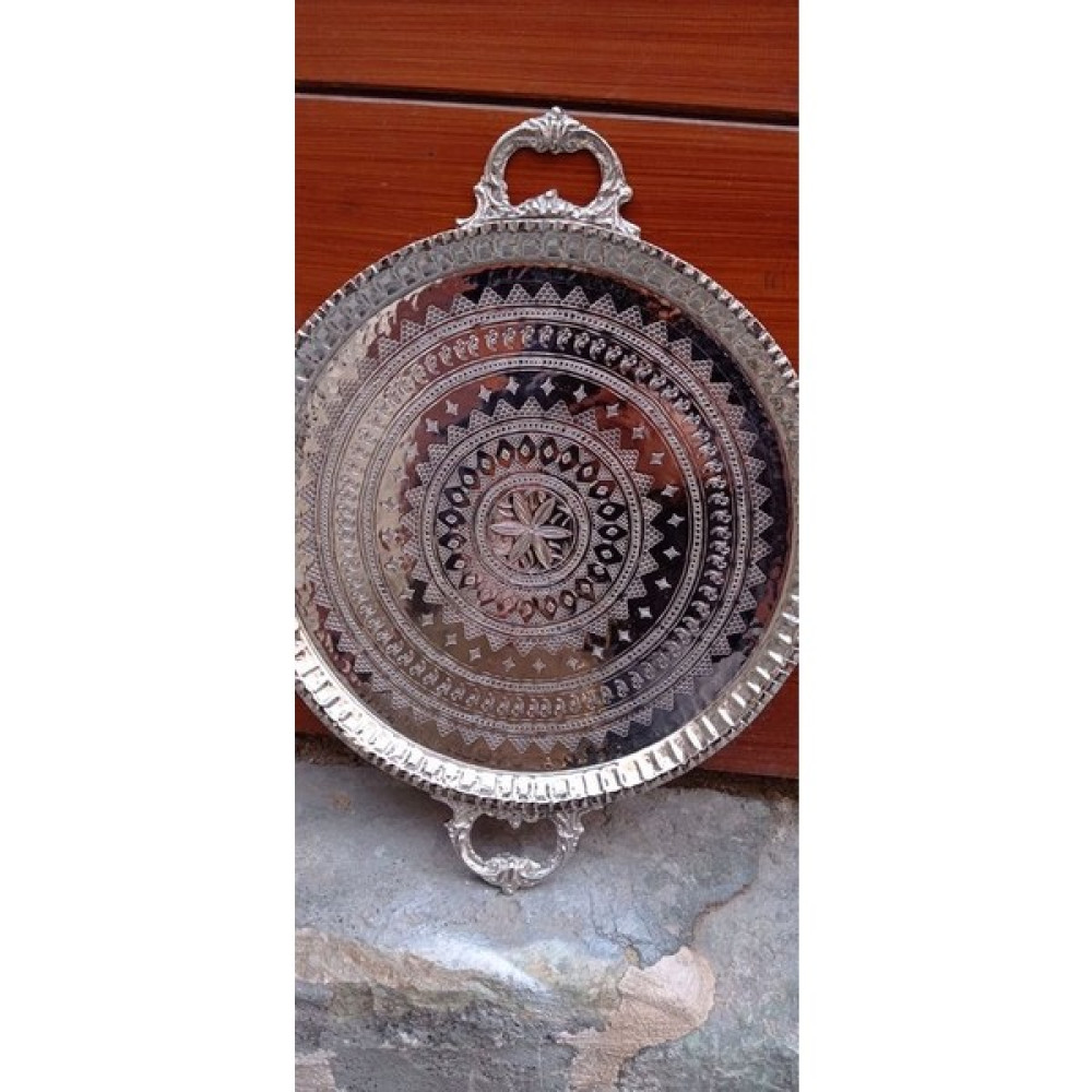 Gülayşenin Dünyası Mardin Bakır Yuvarlak Çay Kahve Sunum Tepsisi Ağırlık 2300 gr - 40 cm Servis Tepsisi Fiyatı