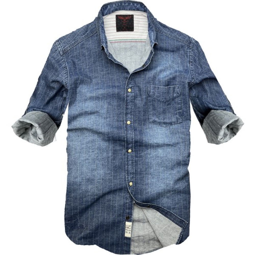 Gulf Bird Slim Fit Saf Pamuk Denim Kumaş Kot Gömlek--Laci Çizki Eskitme- Erkek Gömlek Fiyatı
