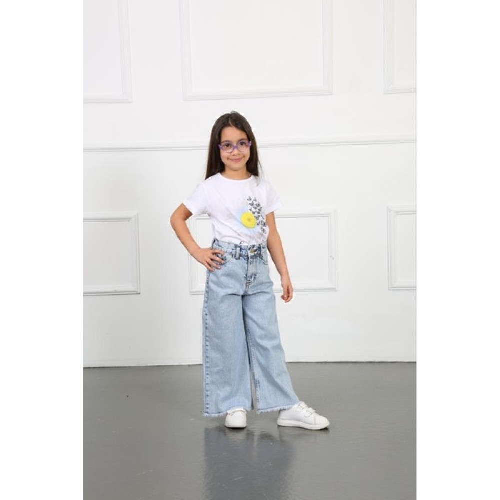 Gullis Jeans Kız Çocuk Mavi Bol Paça Denim Pantolon Paça Detaylı Kız Çocuk Pantolon Fiyatı