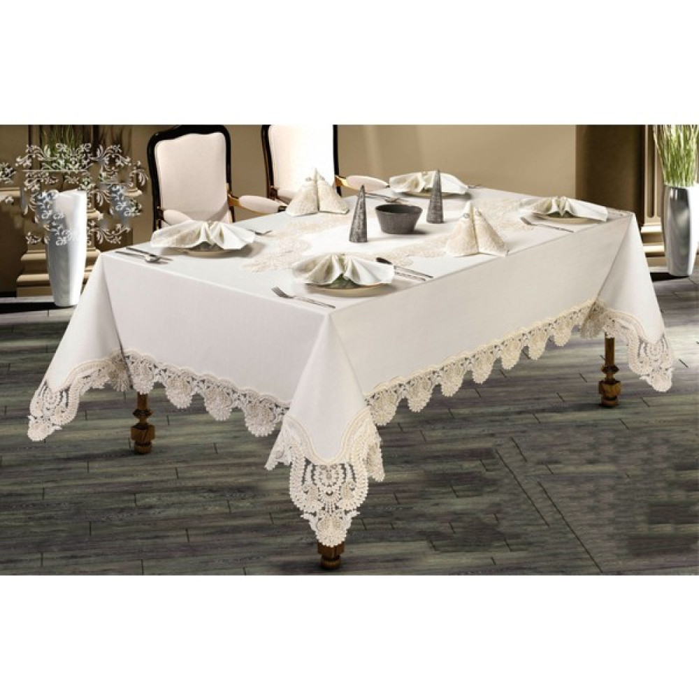 Gülnaz Set 12 Peçeteli Linen Kumaş Fransız Güpürlü 25 Parça Lüks Yemek Takım - Krem - 180 x 400 cm Masa Örtüsü Fiyatı