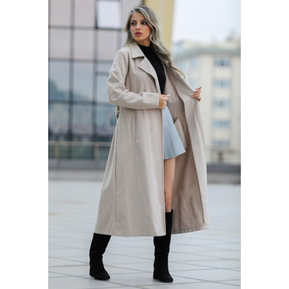 Gülseli Bej Kadın Kuşaklı Astarsız Kaşe Kaban P-00007613 Kadın Kaban Fiyatı