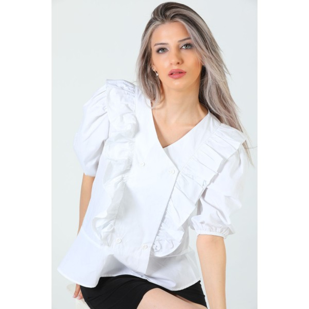 Gülseli Beyaz Kadın Balon Kol Ön Fırfırlı Bluz P-00004264 Bluz Fiyatı