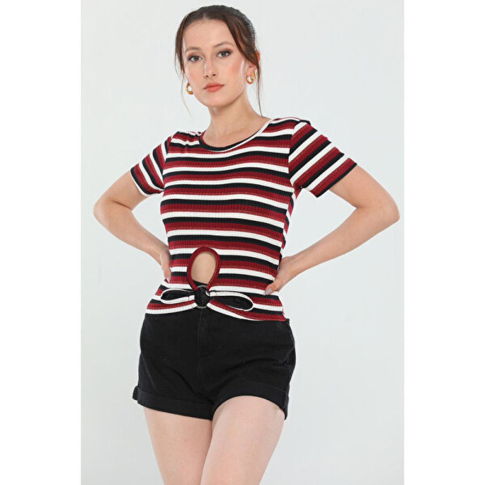Gülseli Bordo Kadın Likralı Bisiklet Yaka Renk Bloklu Ön Halka Detaylı Fitilli Bluz P-040478 Bluz Fiyatı