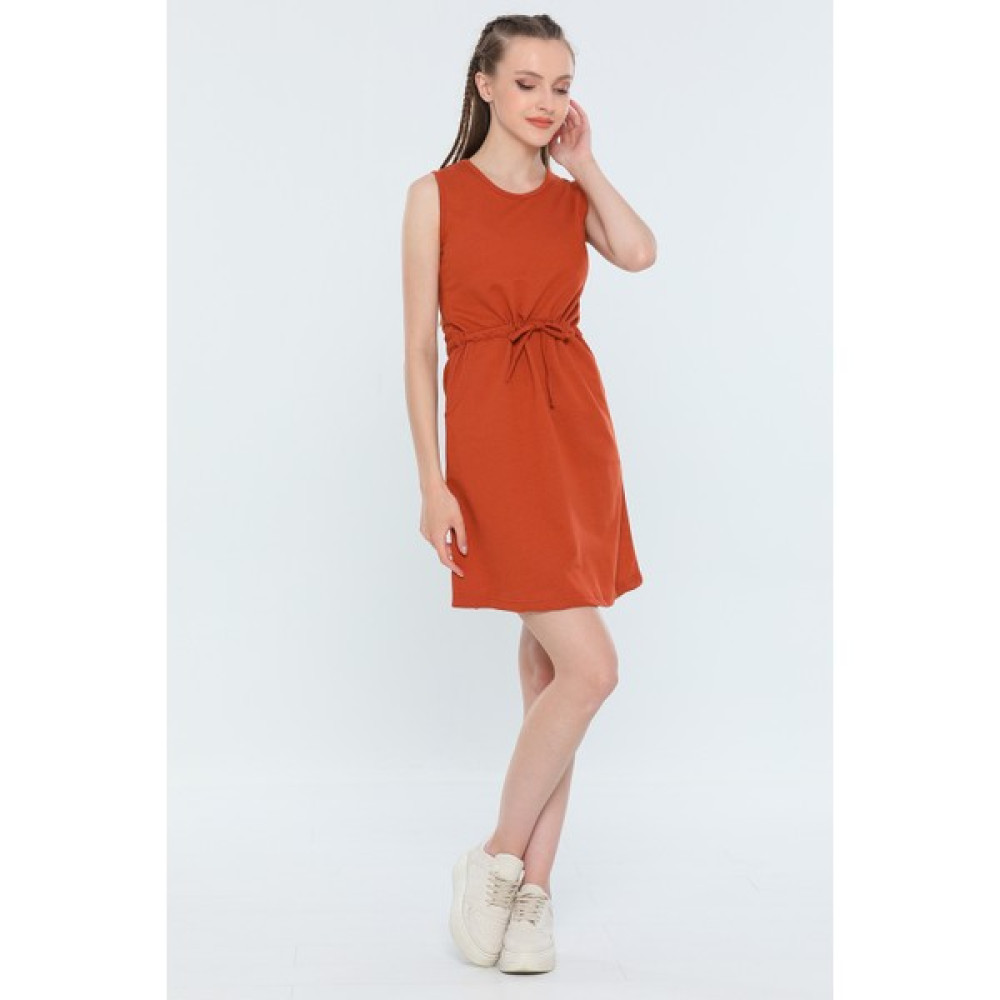 Gülseli Kiremit Kadın Bisiklet Yaka Sıfır Kol Yazlık Spor Mini Elbise P-03994510 Elbise Fiyatı
