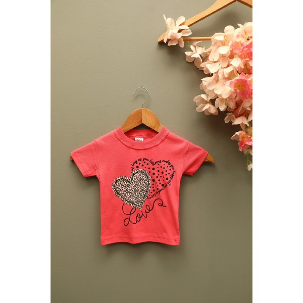 Gülseli Pembe Kız Çocuk Likralı Bisiklet Yaka Kalp Baskılı T-Shirt P-038789 Kız Çocuk T-shirt Fiyatı