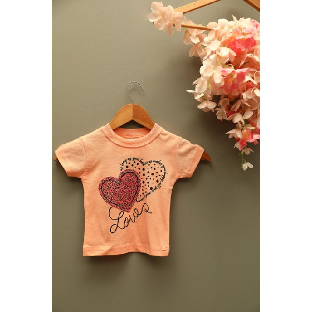 Gülseli Somon Kız Çocuk Likralı Bisiklet Yaka Kalp Baskılı T-Shirt P-038789 Kız Çocuk T-shirt Fiyatı