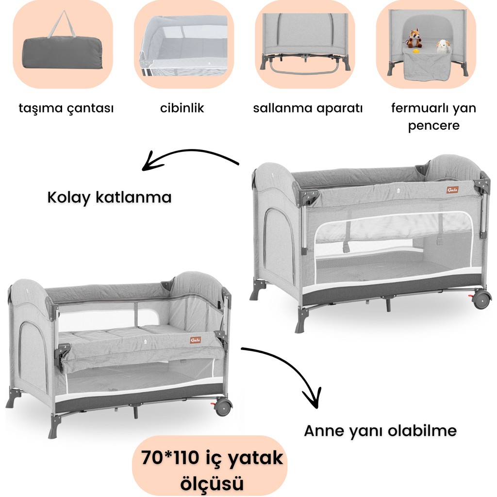 Gulz Omega Anne Yanı Sallanır Cibinlikli Oyun Parkı Park Yatak Bebek Beşik 70X110 cm - Koyu Gri Bebek Oyun Parkı & Beşikleri Fiyatı