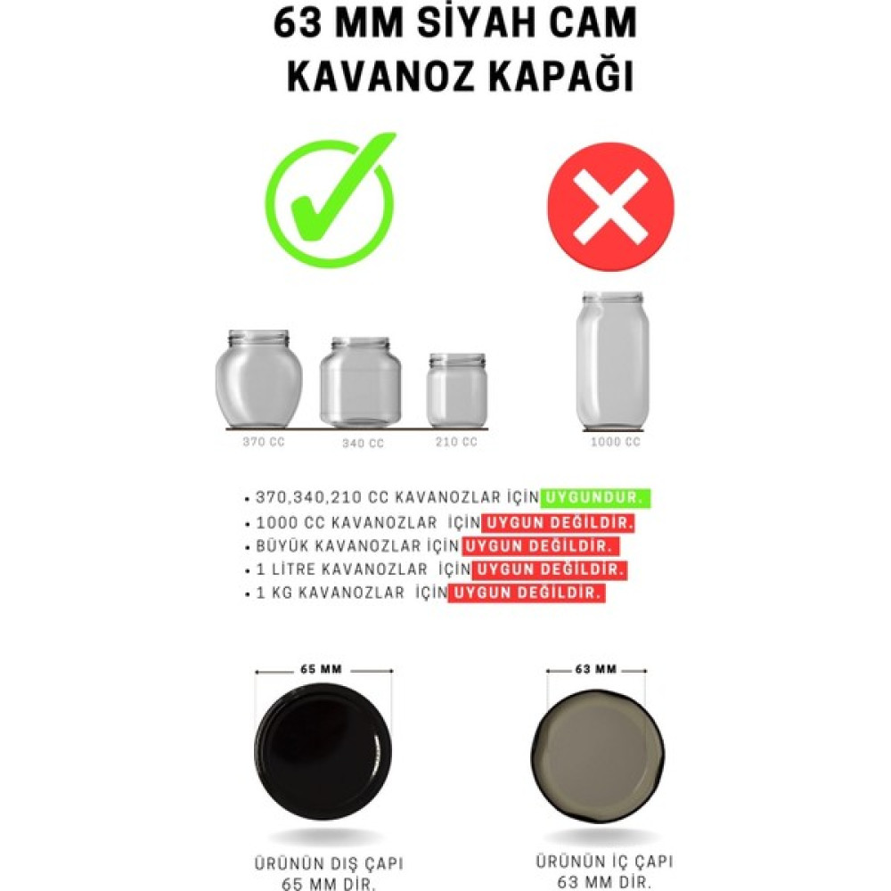 Gün Kapak 1000 Li 63 mm Siyah Cam Kavanoz Kapağı (1000 Adet) - 210 ml - 100 Adet Saklama Kapları Fiyatı
