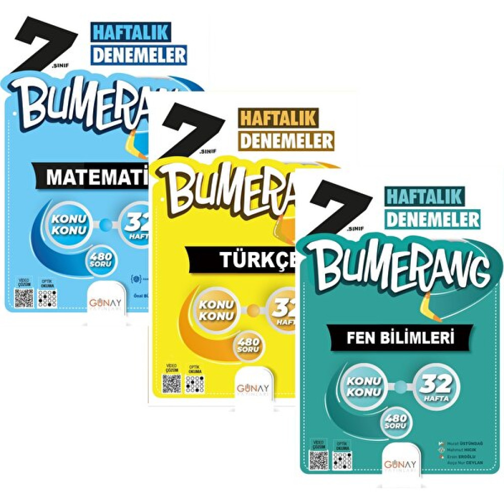 Günay Yayınları 7. Sınıf Bumerang Serisi Türkçe+Matematik+Fen Bilimleri Haftalık Deneme Seti Tüm Dersler Fiyatı