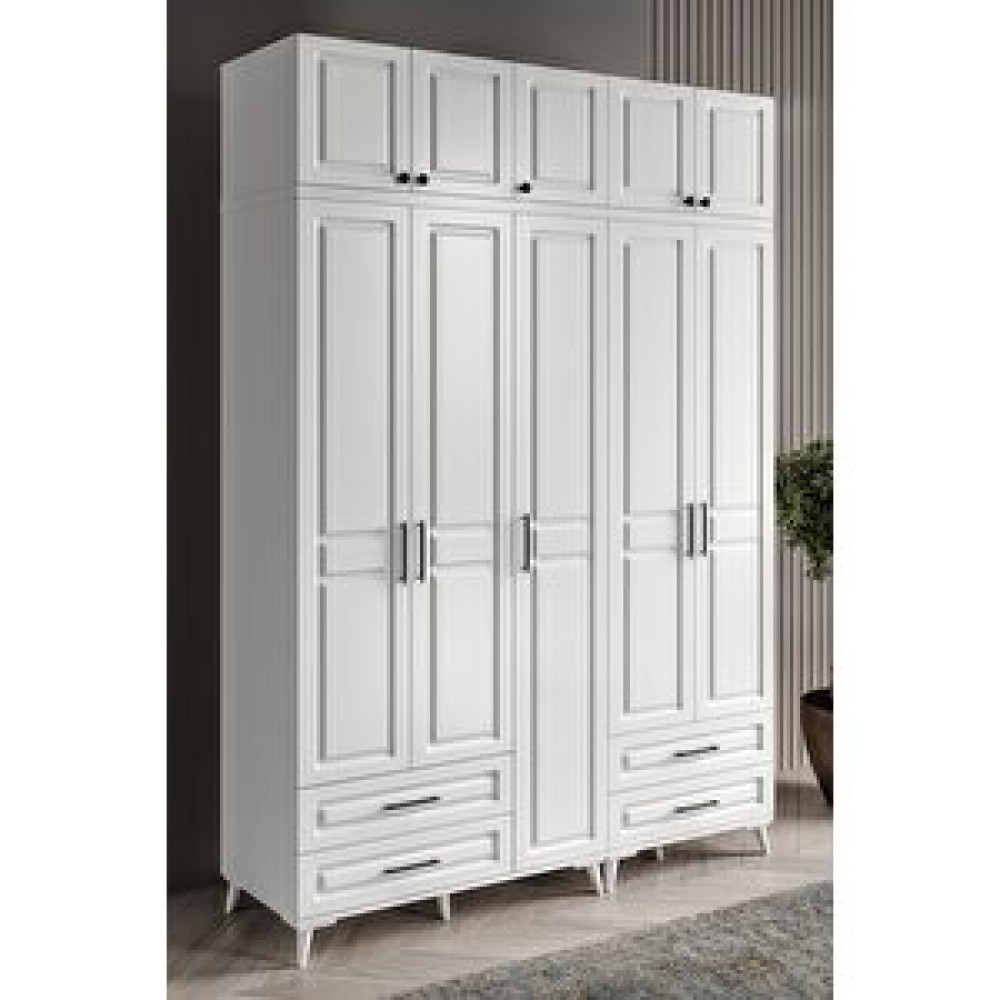 GuneyStore Guneystore Gözde 5 Kapaklı Yüklüklü Komple Mdf Beyaz Gardırop Gardrop & Dolap Fiyatı