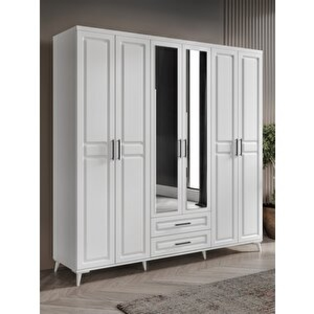 GuneyStore Guneystore Gözde 6 Kapaklı Aynalı Komple Mdf Beyaz Gardırop Gardrop & Dolap Fiyatı