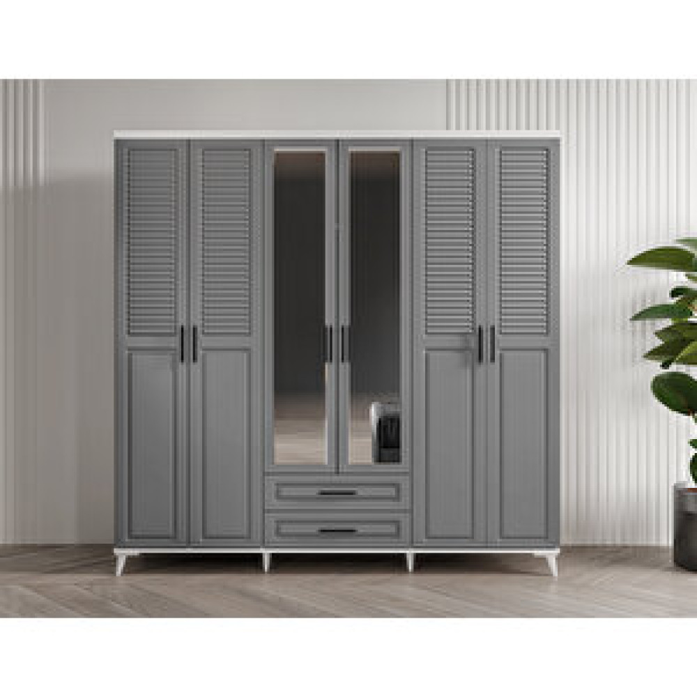 GuneyStore Guneystore Sanat Aynalı, 6 Kapaklı Komple Mdf Antrasit-beyaz Gardırop Gardrop & Dolap Fiyatı