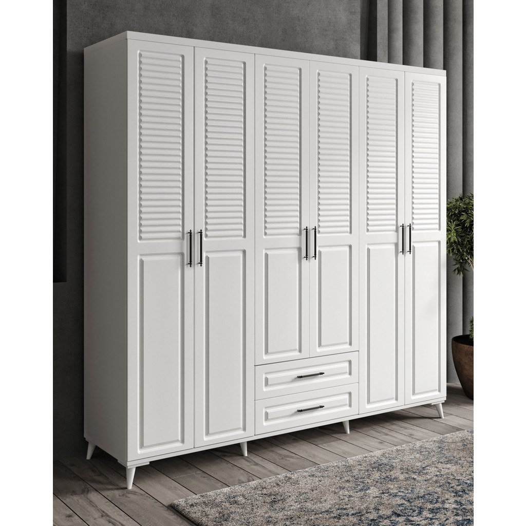 GuneyStore - Sanat 6 Kapaklı Beyaz Gardırop - Komple MDF Çekmeceli Elbise Dolabı - Montaj Gardrop & Dolap Fiyatı