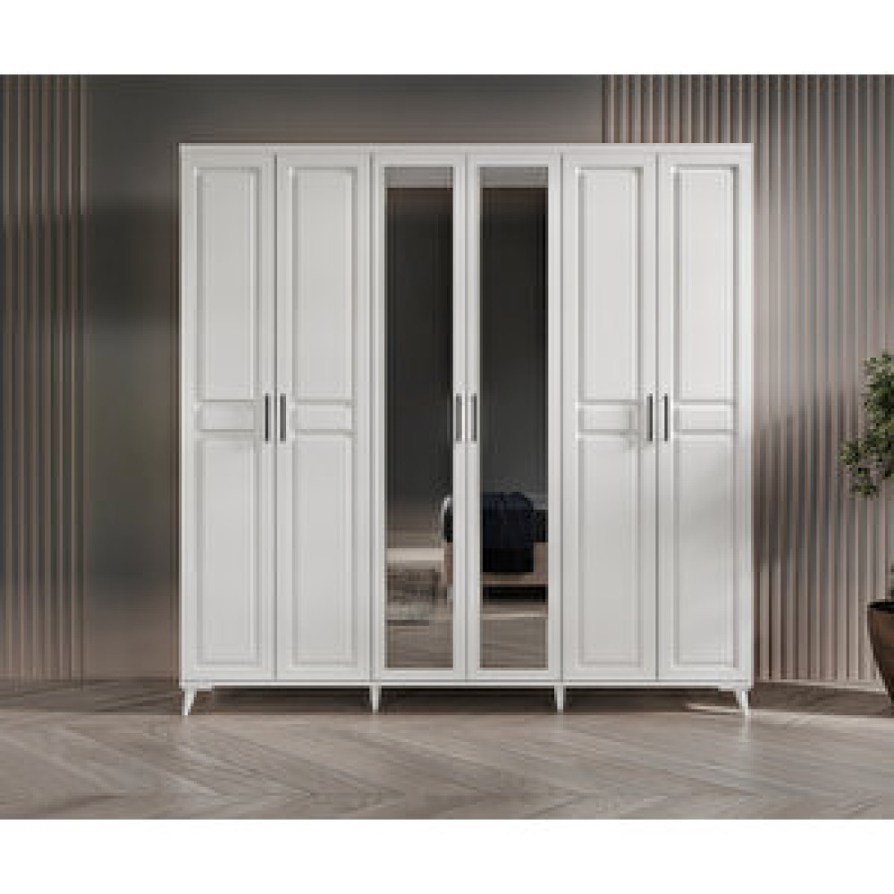 GuneyStore Sport 6 Kapaklı Aynalı Komple Mdf Beyaz Gardırop Elbise Dolabı Gardrop & Dolap Fiyatı