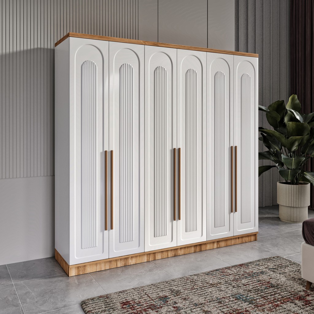 GuneyStore Ücretsiz Montaj - %100 MDF Flora 6 Kapaklı Atlantik Çam Beyaz Gardırop - MDF Dolap - Elbise Dolabı - Atlantik Çam - Beyaz Gardrop & Dolap Fiyatı