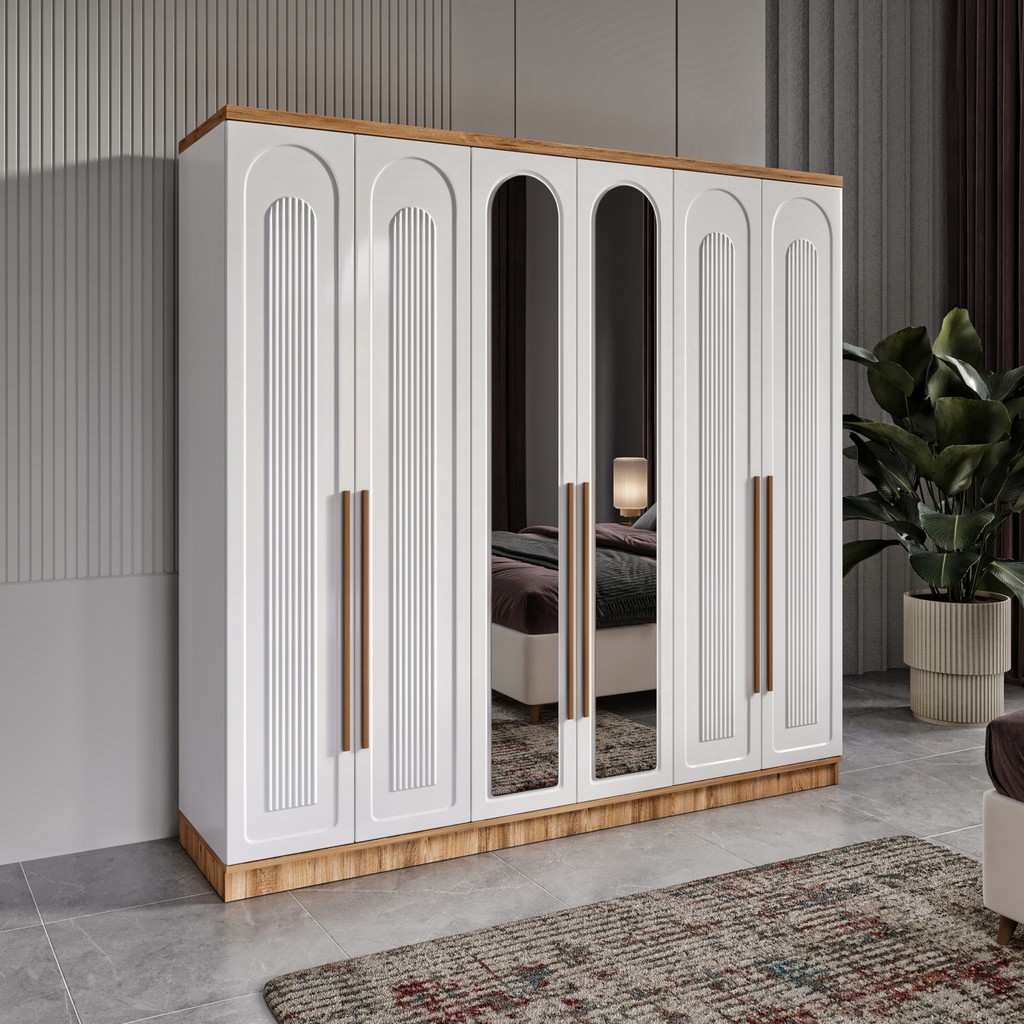 GuneyStore Ücretsiz Montaj - %100 MDF Flora 6 Kapaklı Aynalı Atlantik Çam Beyaz Gardırop - MDF Dolap - Elbise Dolabı - Atlantik Çam - Beyaz Gardrop & Dolap Fiyatı