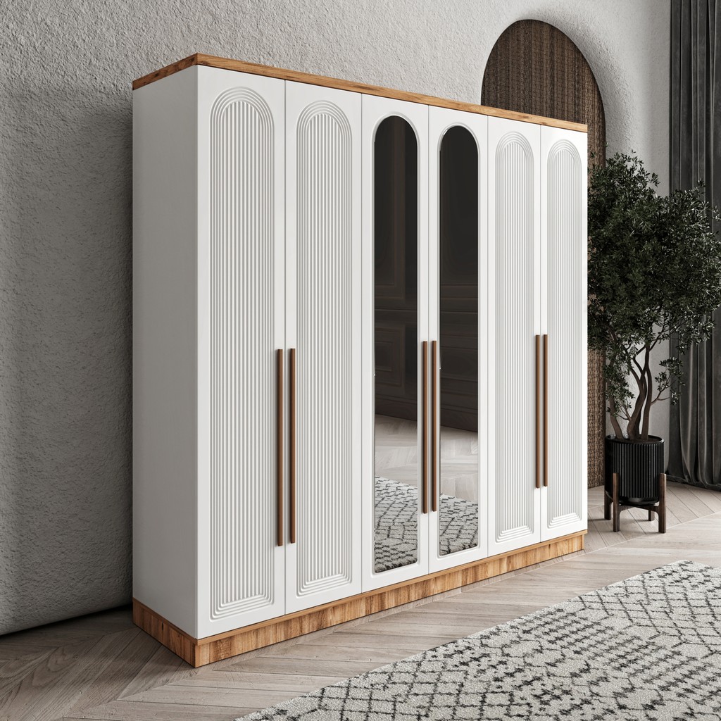 GuneyStore Ücretsiz Montaj - %100 MDF Rosa 6 Kapaklı Aynalı Atlantik Çam Beyaz Gardırop - MDF Dolap - Elbise Dolabı - Atlantik Çam - Beyaz Gardrop & Dolap Fiyatı