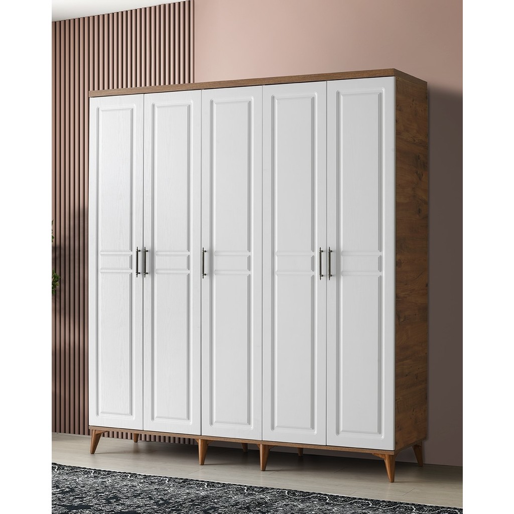 GuneyStore Ücretsiz Montaj - %100 MDF Sport 5 Kapaklı Atlantik Çam Beyaz Gardırop - MDF Dolap - Elbise Dolabı - Atlantik Çam - Beyaz Gardrop & Dolap Fiyatı