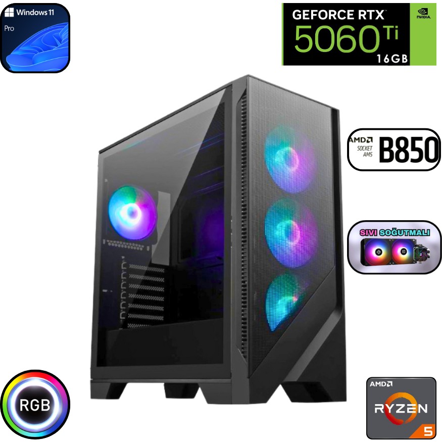 Güneysu Ryzen 5 7500F 16GB Ddr5 1tb SSD Rtx 5060TI 16GB B850 Wi Fi Anakart 240MM Sıvı Soğutma Windows 11 Pro Oyuncu Bilgisayarı Anakart Fiyatı