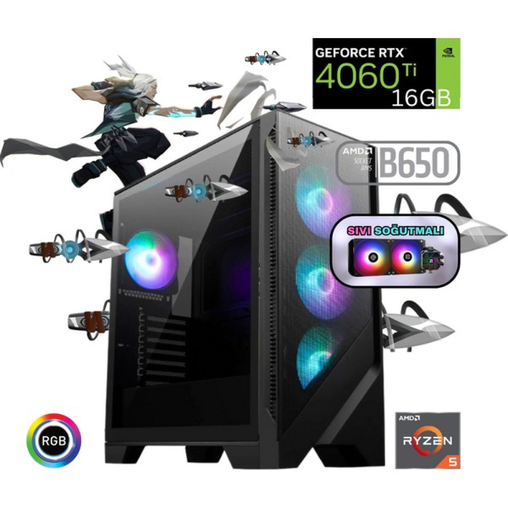 Güneysu Ryzen 5 7600 32GB Ddr5 1tb SSD Rtx 4060TI 16G B650 240MM SIVI SOĞUTMA Oyun Bilgisayarı Masaüstü Bilgisayar Fiyatı