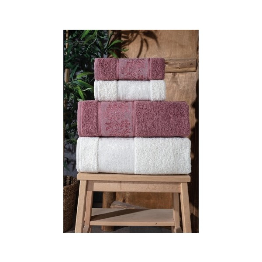 Güvenal Lara Kutulu 4'lü Banyo Havlusu | Havlu Takımı | Havlu | Havlu Seti I Hamam Seti I Çeyiz Havlusu - Krem - Mürdüm - 50 x 90 cm El / Yüz Havlusu Fiyatı