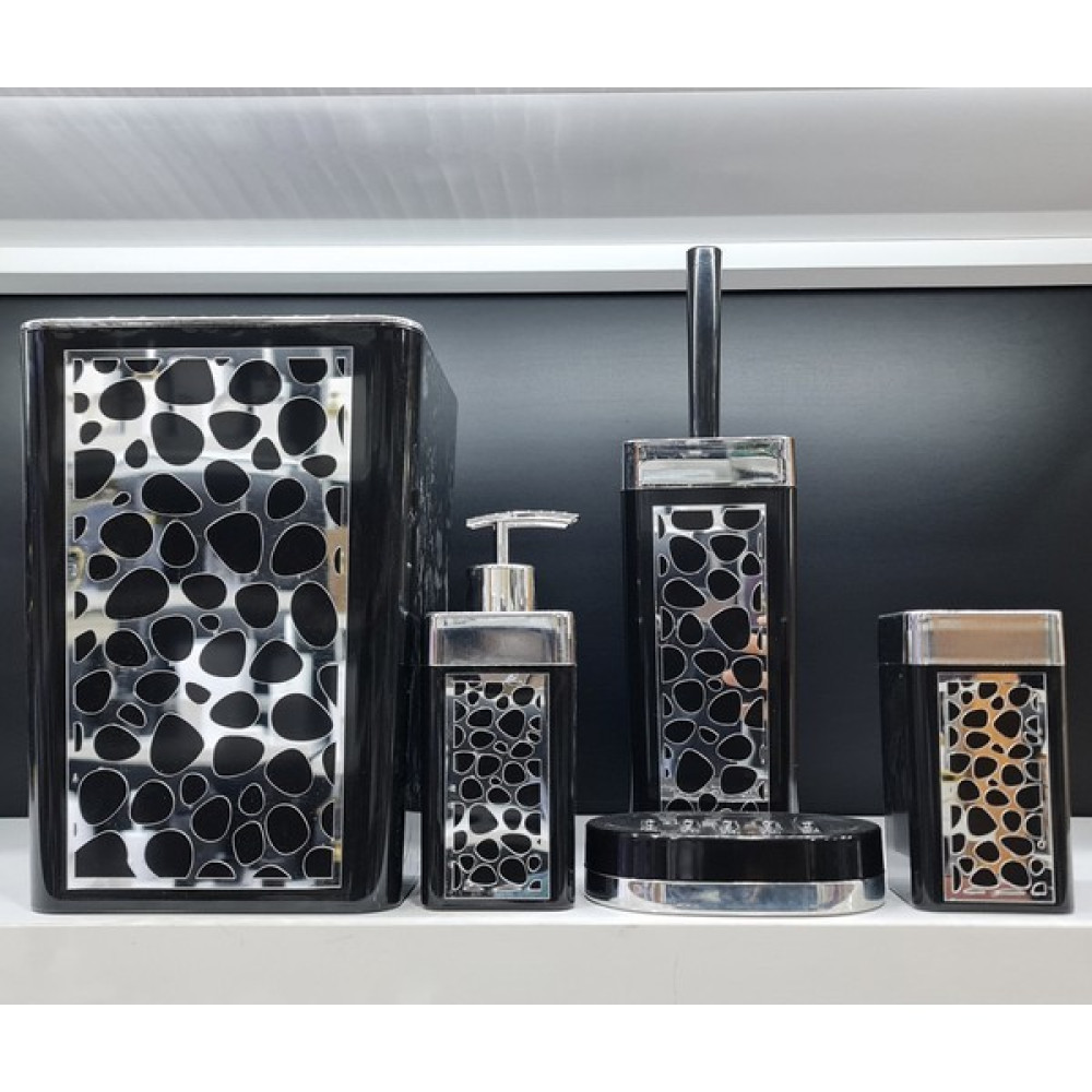GuvenliPazar 5 Parça Akrilik Siyah Gümüş Taş Desen Banyo Takımı Kare Banyo Seti Silver Siyah Banyo Aksesuarları Fiyatı