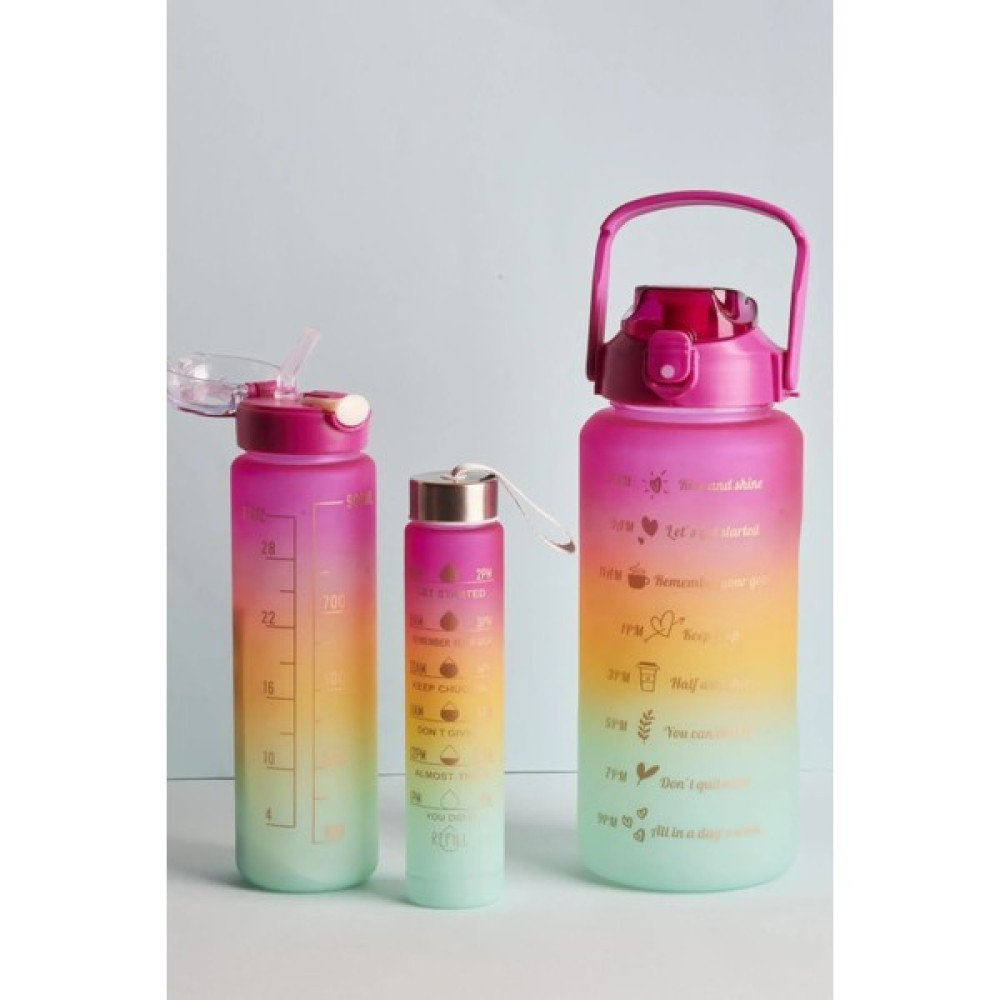 GUVENPLAST HOME CONCEPT Misale Motivasyonel 3'lü Su Matarası Suluk 2lt 900ML 300ML Tritan Sporcu Matara - Fuşya Suluk Fiyatı