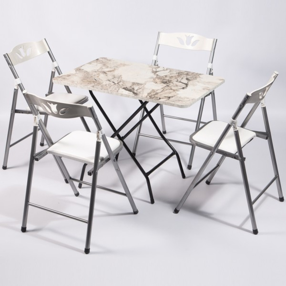 Güzelkan Madeni Eşya 60X90 Beyaz Mermer Desenli Katlanır Masa ve 4 Adet Sandalye Seti 1129 - 60 x 90 cm Masa - Sandalye Seti / Takımı Fiyatı