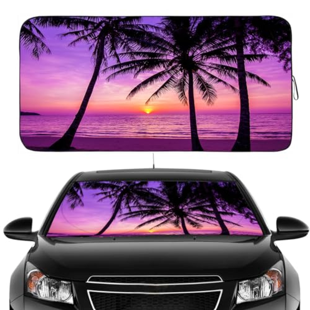 Gven Car Windshield Sun Shade Foldable Cute Sun Windshield Shade for Car UV Protecion Heat Reduction Funny Car Cooling for Summer Pink Car Accessories Cool Seats, Easy Fold (Sunset Purple, L)