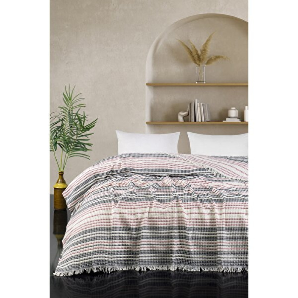 Gvn Home Tekstil Renkli Çizgili Çift Kişilik Pamuklu Pike & Yatak Örtüsü - Pembe - Gri - 200 x 230 cm Yatak Örtüsü Fiyatı