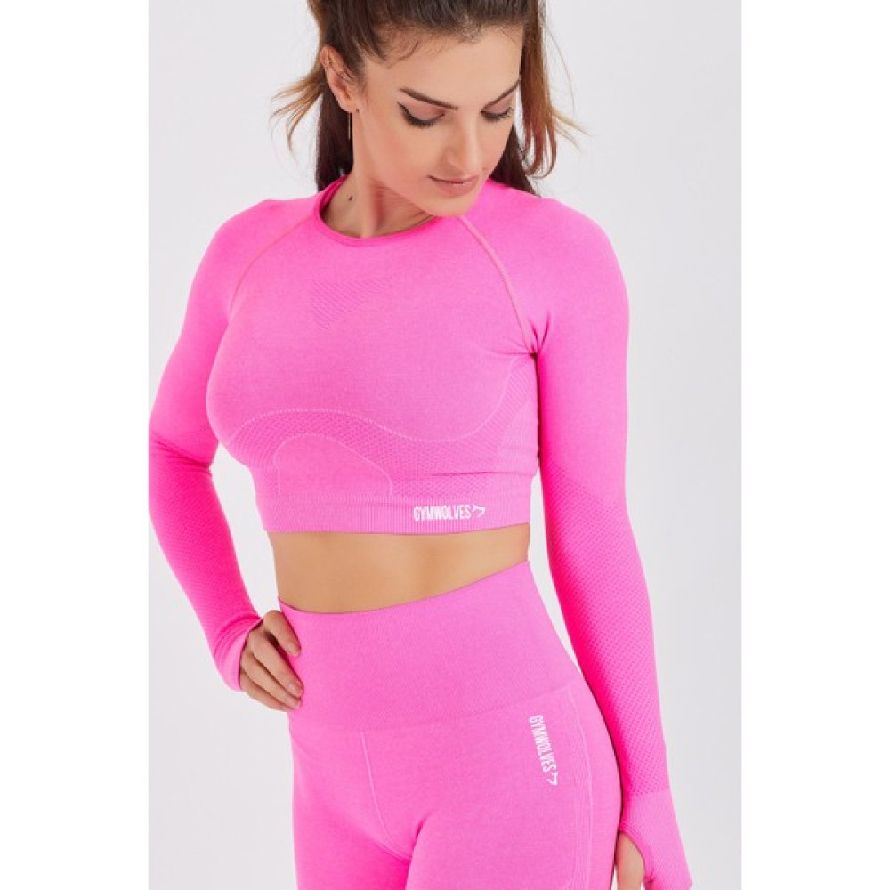 Gymwolves Kadın Uzun Kollu Dikişsiz Spor Tişört | Crop Top | Fuchsia | Enerji Serisi T-Shirt & Sweatshirt (Outdoor) Fiyatı
