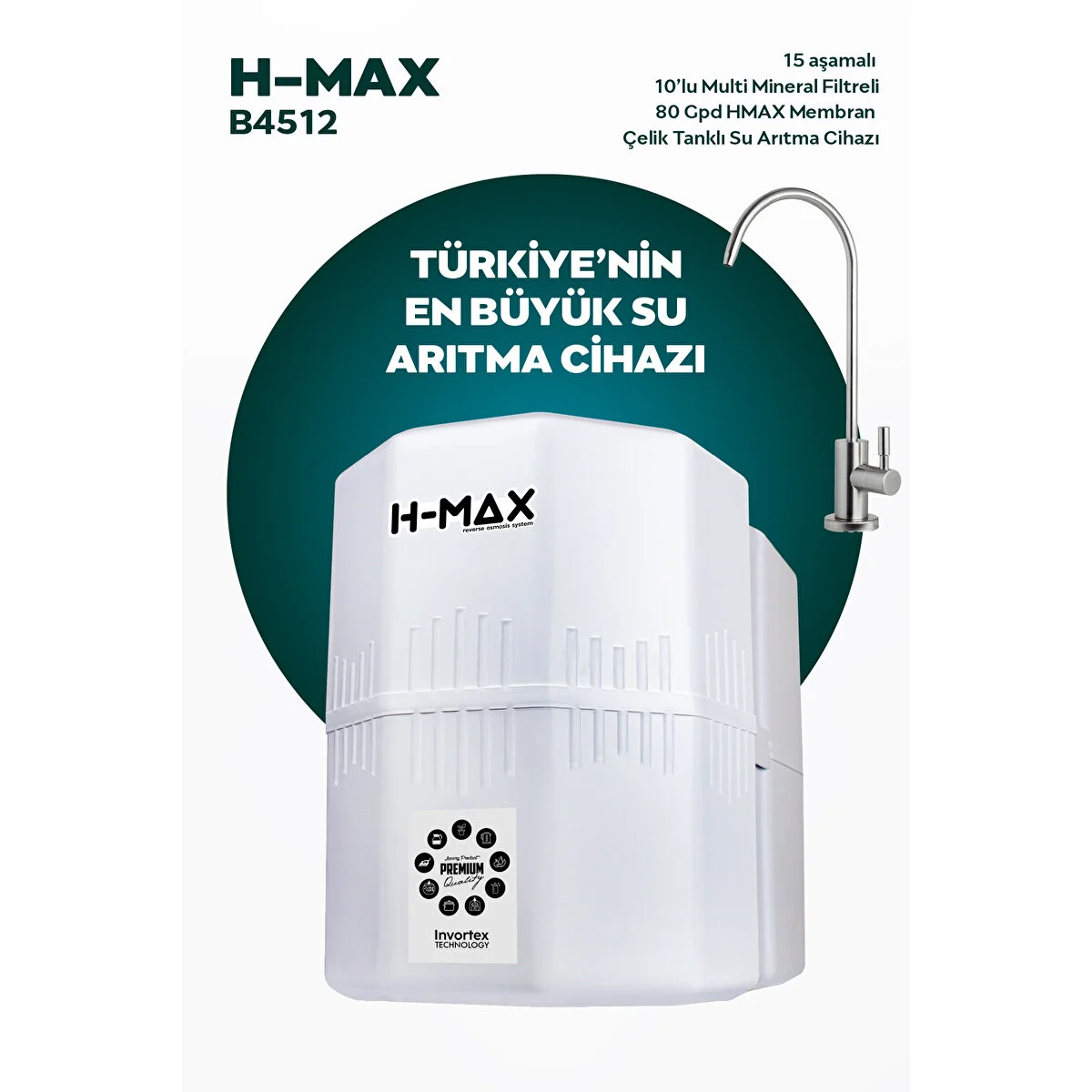 H-MAX 12 Litre Çelik Tanklı 15 Aşama Multi Mineralli 80 Gpd Su Arıtma Cihazı Hmaxb4512 Su Arıtma Cihazı Fiyatı