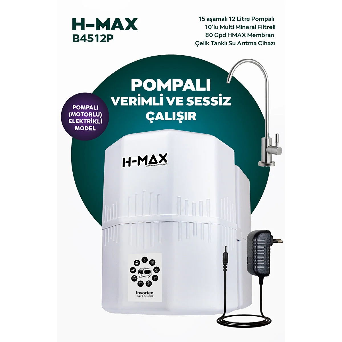 H-MAX 12 Litre Pompalı 15 Aşama Multi Mineralli 80 Gpd Su Arıtma Cihazı Hmaxb4512p Su Arıtma Cihazı Fiyatı