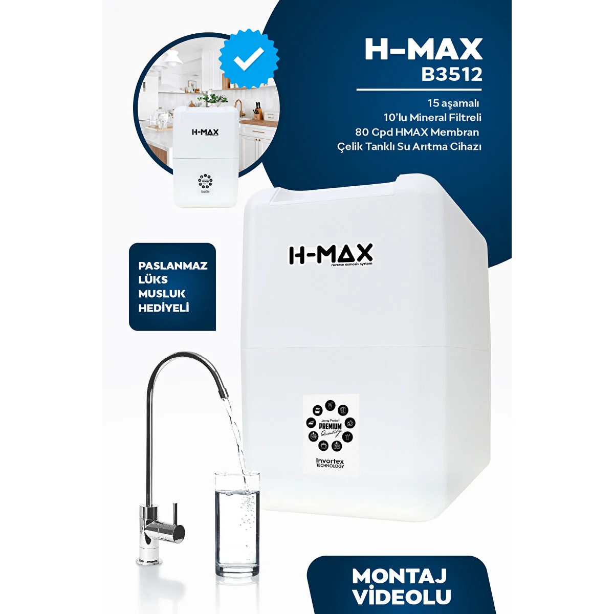 H-MAX 8 Litre Çelik Tanklı 15 Aşama Multi Mineralli Süper Membran Su Arıtma Cihazı Hmaxb3510 Su Arıtma Cihazı Fiyatı
