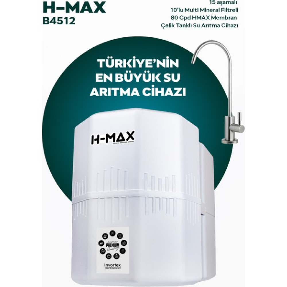 H-MAX Reverse Osmosis System H-Max 13 Aşama 12 Litre Çelik Tanklı Mineralli Su Arıtma Cihazı - 0018 - Beyaz Oto Boyaları Fiyatı