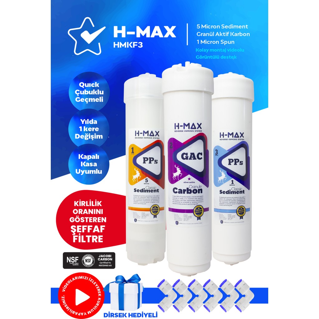 H-MAX Reverse Osmosis System H-Max Kapalı Kasa Su Arıtma Cihazı Filtresi Inline 3lü Filtre Seti Bahçe Makinesi Aksesuar & Yedek Parça Fiyatı
