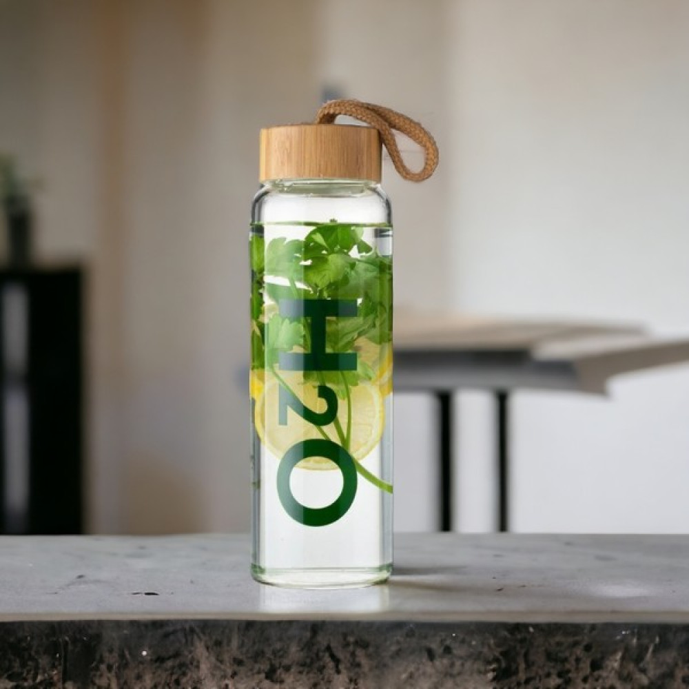 H2o H20 Bambu Kapaklı Cam Matara 600 ml (Kılıf Hediyeli) Matara Fiyatı