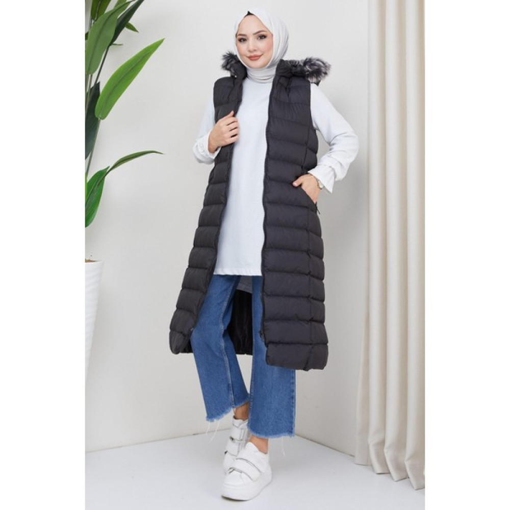 Haf Samina Uzun Şişme Yelek Siyah HM2318 Kadın Yelek Fiyatı