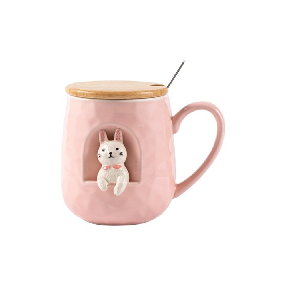 Haitn 430 ml Sevimli Hayvanlar Kabartma Seramik Kupa Kapak ve Kaşık Kahve Süt Çay Kolu Kupası Yenilik Hediyeler | Kupalar (Pembe) (Yurt Dışından) Fincan / Bardak / Kahve Takımı Fiyatı