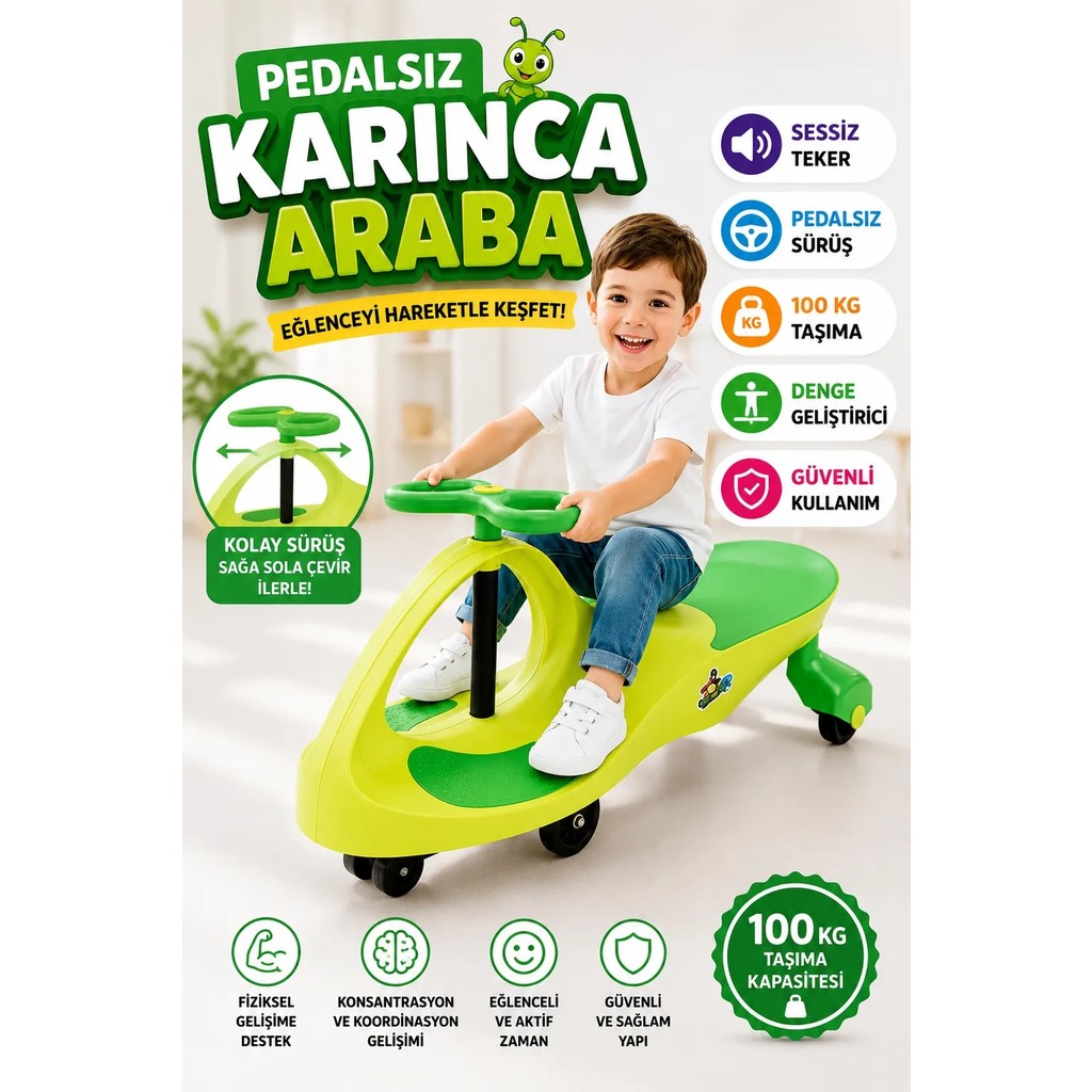 Hak-İş Oyuncak Hak-İş Swing Car Kolay Kullanım Özellikli Yeşil Çocuk Kaykayı 100 kg Taşıma Kapasitesi Anne Bebek Oyuncak Fiyatı