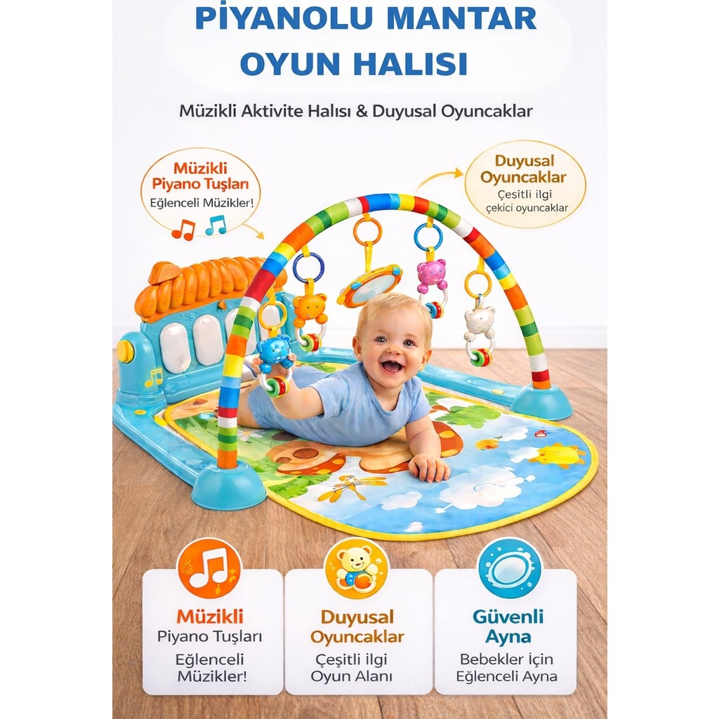 Hak-İş Oyuncak Piyanolu Mantar Desenli Bebek Oyun Halısı – 0+ Ay, Hayvan Figürlü - Mavi - 76 x 60 x 45 cm Anne Bebek Oyuncak Fiyatı