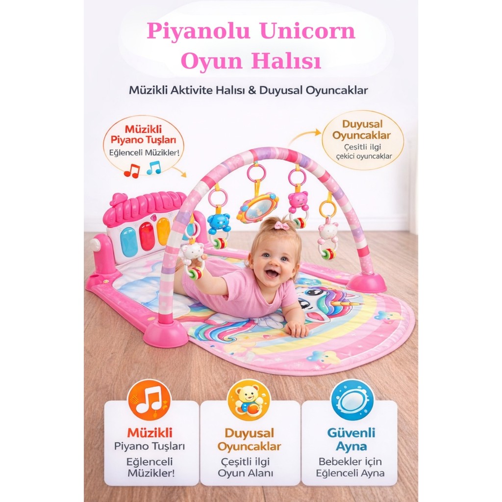 Hak-İş Oyuncak Piyanolu Unicorn Desenli Bebek Oyun Halısı - 0+ Ay, Hayvan Figürlü Işıklı ve Müzikli Gelişim Matı - Pembe - 76 x 60 x 45 cm Anne Bebek Oyuncak Fiyatı